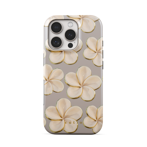 Beach Date - Ivory tough phone case featuring glossy ivory plumeria flowers with golden edges on a warm grey background, front view on iPhone