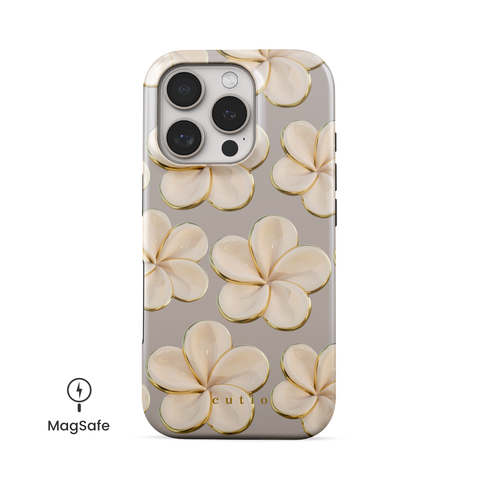 Beach Date - Ivory MagSafe phone case featuring glossy ivory plumeria flowers with golden edges on a warm grey background, front view on iPhone