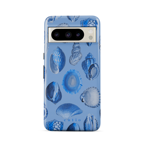 Blue Sea tough phone case featuring sea shells pattern in shades of blue, front view on Google Pixel phone