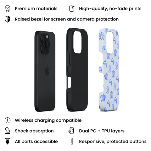 Blue Drift tough phone case featuring glossy blue turtles, dolphins, and jellyfish floating on a cool pale blue background, layers view on iPhone