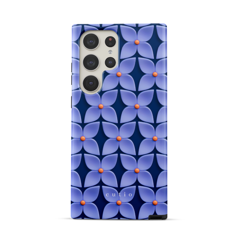 Blue Hydrangea tough phone case featuring abstract glossy blue hydrangea flower pattern with orange centers on a deep navy blue background, front view on Samsung Galaxy phone