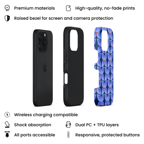 Blue Hydrangea tough phone case featuring abstract glossy blue hydrangea flower pattern with orange centers on a deep navy blue background, layers view on iPhone