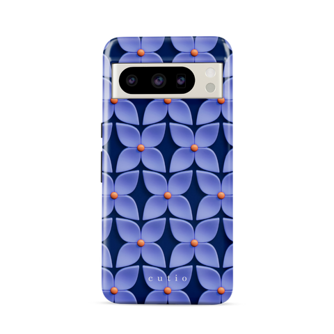 Blue Hydrangea tough phone case featuring abstract glossy blue hydrangea flower pattern with orange centers on a deep navy blue background, front view on Google Pixel phone