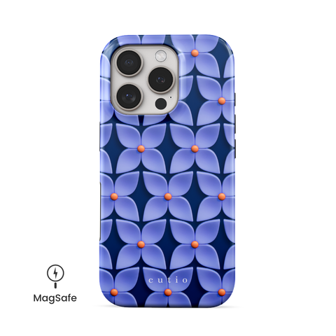 Blue Hydrangea MagSafe phone case featuring abstract glossy blue hydrangea flower pattern with orange centers on a deep navy blue background, front view on iPhone
