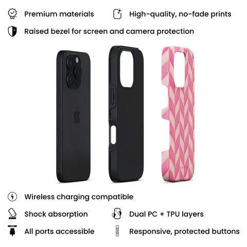 Blush Chevron tough phone case featuring glossy 3D-effect chevron pattern in alternating blush and pink with gold trim details, layers view on iPhone