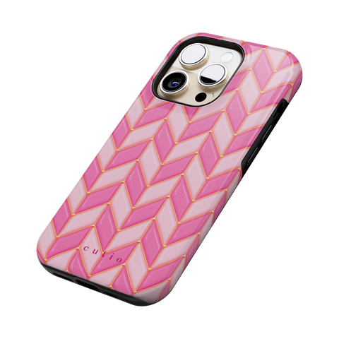 Blush Chevron tough phone case featuring glossy 3D-effect chevron pattern in alternating blush and pink with gold trim details, side view on iPhone