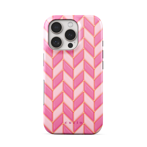 Blush Chevron tough phone case featuring glossy 3D-effect chevron pattern in alternating blush and pink with gold trim details, front view on iPhone