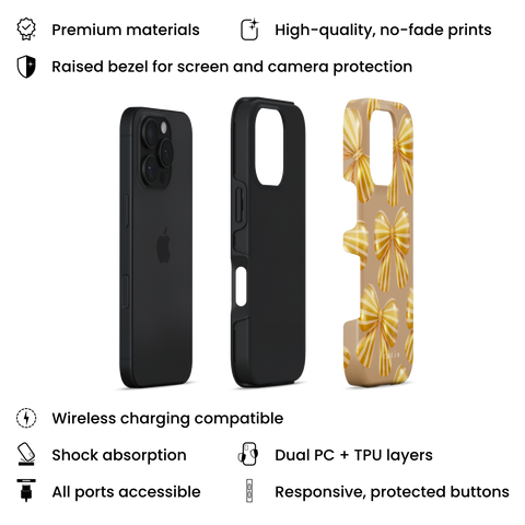 Bow Chic - Gold tough phone case featuring bold, eye-catching gold-striped bows on a muted gold backdrop, layers view on iPhone