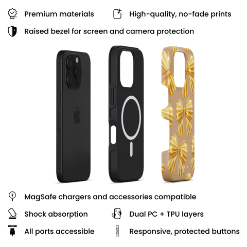 Bow Chic - Gold MagSafe phone case featuring bold, eye-catching gold-striped bows on a muted gold backdrop, layers view on iPhone