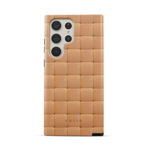 Bubbly Camel tough phone case featuring glossy woven pattern in camel, front view on Samsung Galaxy phone