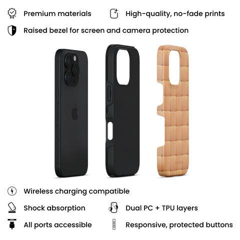 Bubbly Camel tough phone case featuring glossy woven pattern in camel, layers view on iPhone