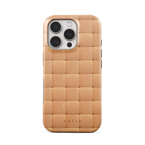 Bubbly Camel tough phone case featuring glossy woven pattern in camel, front view on iPhone
