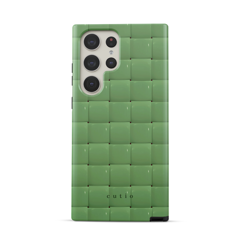 Bubbly Moss tough phone case featuring glossy woven pattern in moss green, front view on Samsung Galaxy phone