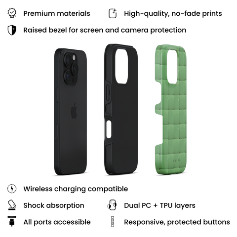 Bubbly Moss tough phone case featuring glossy woven pattern in moss green, layers view on iPhone