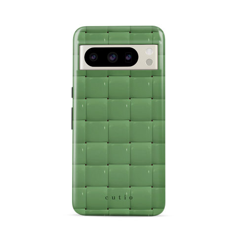 Bubbly Moss tough phone case featuring glossy woven pattern in moss green, front view on Google Pixel phone