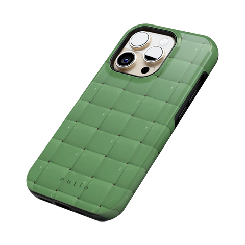 Bubbly Moss tough phone case featuring glossy woven pattern in moss green, side view on iPhone