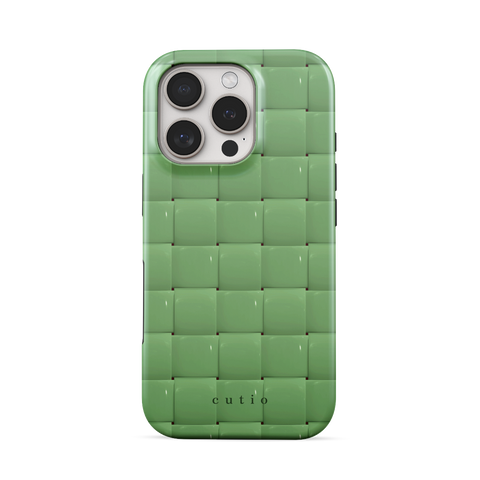 Bubbly Moss tough phone case featuring glossy woven pattern in moss green, front view on iPhone