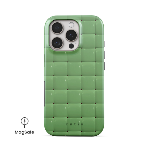Bubbly Moss MagSafe phone case featuring glossy woven pattern in moss green, front view on iPhone