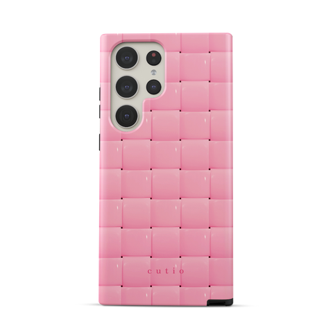 Bubbly Pink tough phone case featuring glossy woven pattern in soft pink, front view on Samsung Galaxy phone