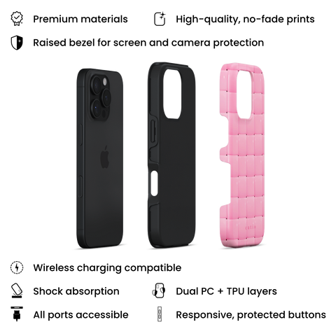 Bubbly Pink tough phone case featuring glossy woven pattern in soft pink, layers view on iPhone