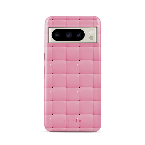 Bubbly Pink tough phone case featuring glossy woven pattern in soft pink, front view on Google Pixel phone