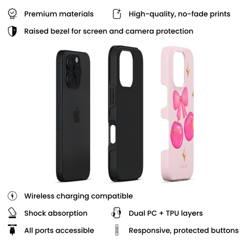 Cherry Pop tough phone case featuring glossy 3D-style hot pink cherries adorned with gold sparkles, tied together by a cute pink bow, layers view on iPhone