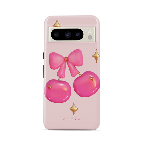 Cherry Pop tough phone case featuring glossy 3D-style hot pink cherries adorned with gold sparkles, tied together by a cute pink bow, front view on Google Pixel phone