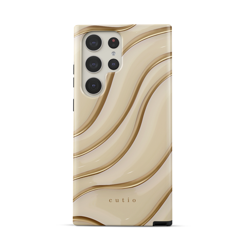 Claire tough phone case featuring elegant, minimalist gold line art on soft beige background, front view on Samsung Galaxy phone