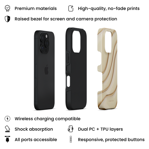 Claire tough phone case featuring elegant, minimalist gold line art on soft beige background, layers view on iPhone