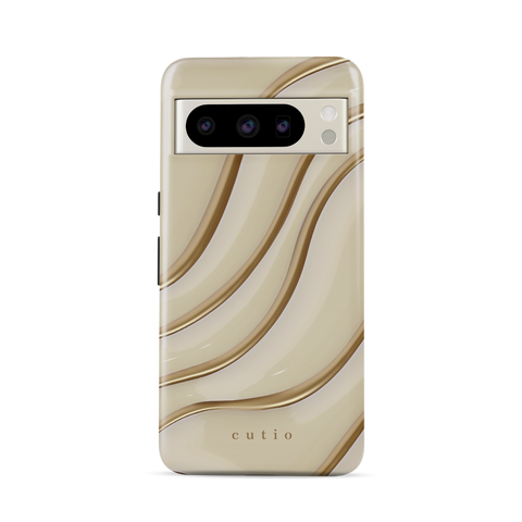 Claire tough phone case featuring elegant, minimalist gold line art on soft beige background, front view on Google Pixel phone