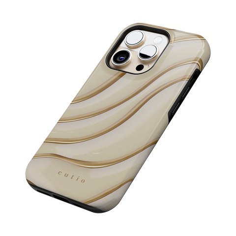 Claire tough phone case featuring elegant, minimalist gold line art on soft beige background, side view on iPhone