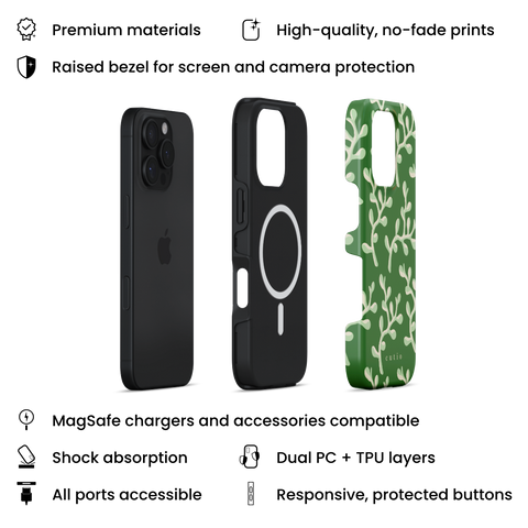 Come Spring MagSafe phone case featuring refreshing abstract leaves pattern on a mossy green background, layers view on iPhone