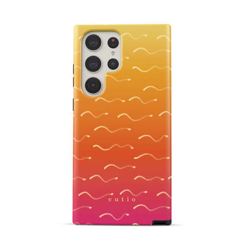 First Light tough phone case featuring wavy beige lines flowing across a soft yellow to pink gradient, evoking early sunlight shimmering over the ocean, front view on Samsung Galaxy phone