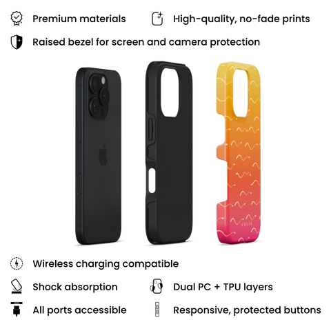 First Light tough phone case featuring wavy beige lines flowing across a soft yellow to pink gradient, evoking early sunlight shimmering over the ocean, layers view on iPhone