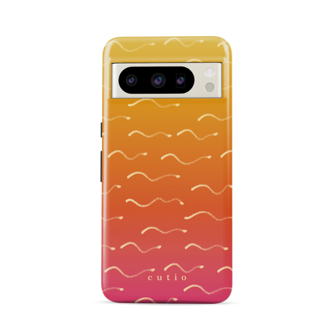 First Light tough phone case featuring wavy beige lines flowing across a soft yellow to pink gradient, evoking early sunlight shimmering over the ocean, front view on Google Pixel phone