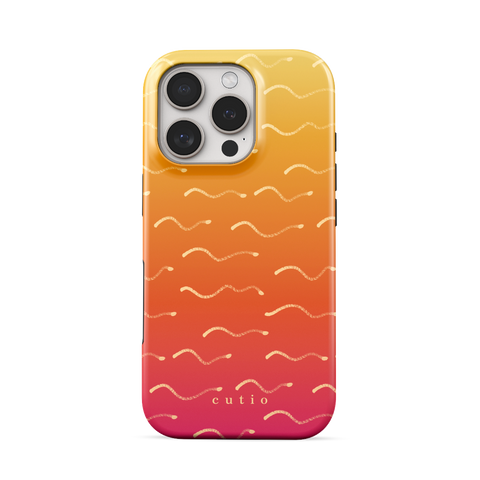 First Light tough phone case featuring wavy beige lines flowing across a soft yellow to pink gradient, evoking early sunlight shimmering over the ocean, front view on iPhone