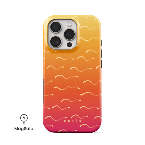 First Light MagSafe phone case featuring wavy beige lines flowing across a soft yellow to pink gradient, evoking early sunlight shimmering over the ocean, front view on iPhone