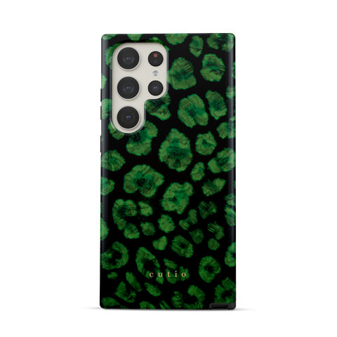 Instinct - Emerald tough phone case featuring abstract emerald green leopard print on a black background, front view on Samsung Galaxy phone