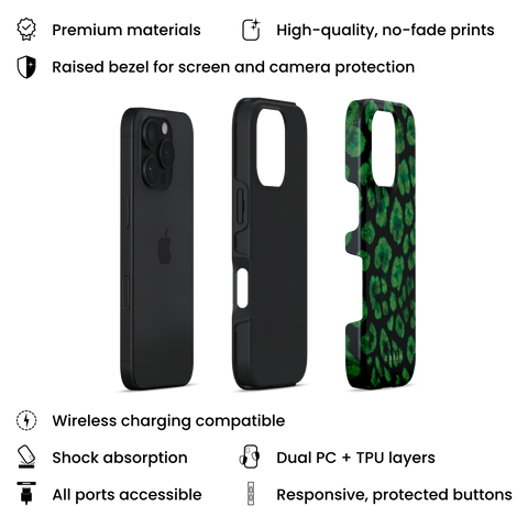 Instinct - Emerald tough phone case featuring abstract emerald green leopard print on a black background, layers view on iPhone