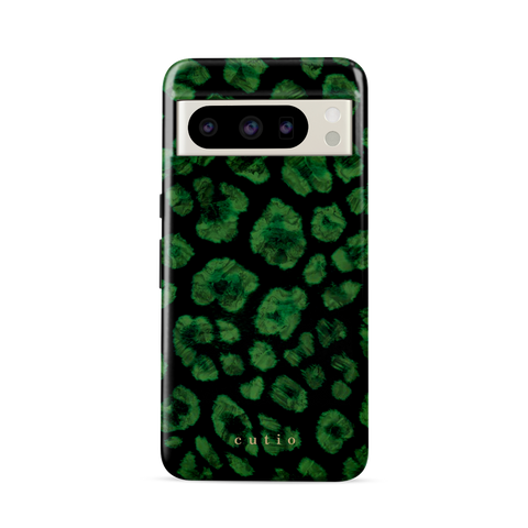 Instinct - Emerald tough phone case featuring abstract emerald green leopard print on a black background, front view on Google Pixel phone
