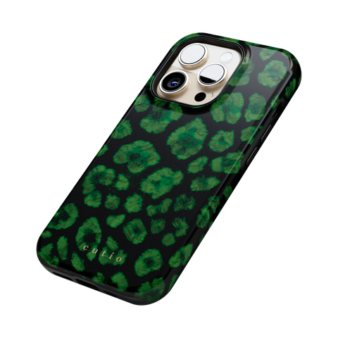 Instinct - Emerald tough phone case featuring abstract emerald green leopard print on a black background, side view on iPhone