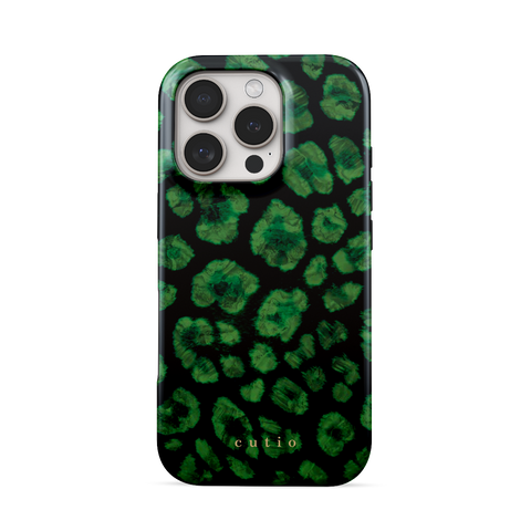 Instinct - Emerald tough phone case featuring abstract emerald green leopard print on a black background, front view on iPhone
