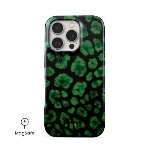 Instinct - Emerald MagSafe phone case featuring abstract emerald green leopard print on a black background, front view on iPhone