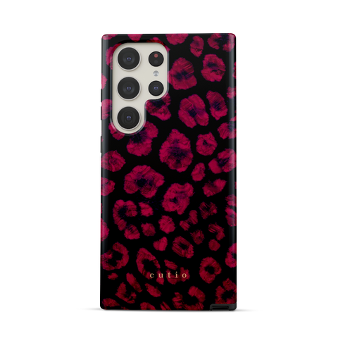Instinct - Ruby tough phone case featuring abstract ruby red leopard print on a black background, front view on Samsung Galaxy phone