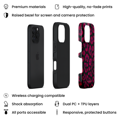 Instinct - Ruby tough phone case featuring abstract ruby red leopard print on a black background, layers view on iPhone