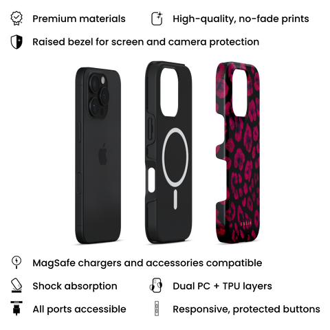 Instinct - Ruby MagSafe phone case featuring abstract ruby red leopard print on a black background, layers view on iPhone