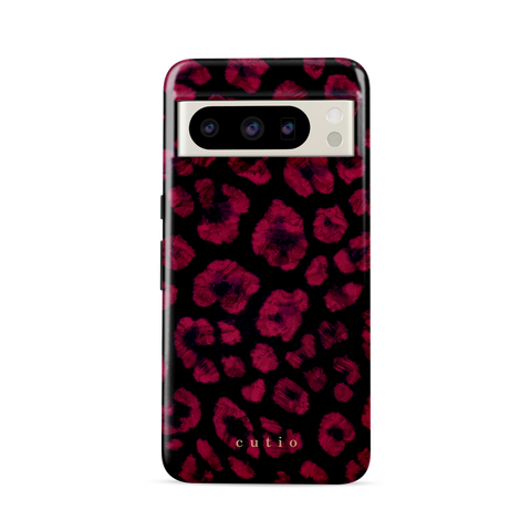 Instinct - Ruby tough phone case featuring abstract ruby red leopard print on a black background, front view on Google Pixel phone