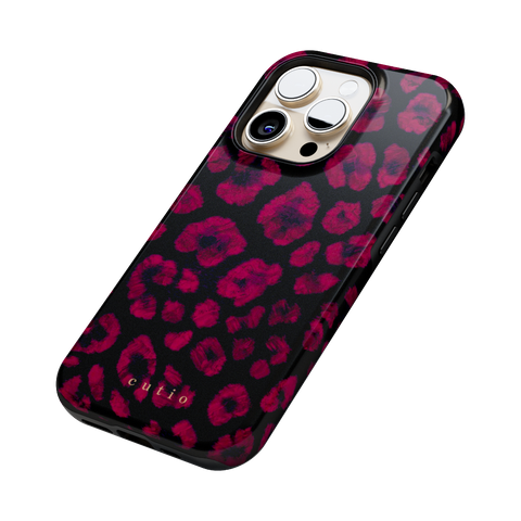 Instinct - Ruby tough phone case featuring abstract ruby red leopard print on a black background, side view on iPhone