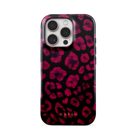 Instinct - Ruby tough phone case featuring abstract ruby red leopard print on a black background, front view on iPhone