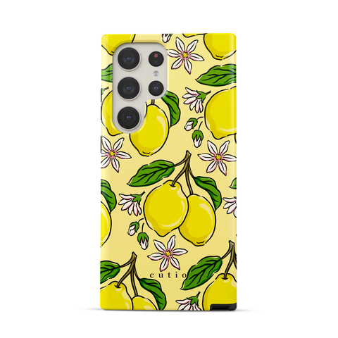Lemony tough phone case featuring bright yellow lemons with green leaves and white-pink citrus flowers on a soft lemon background, front view on Samsung Galaxy phone